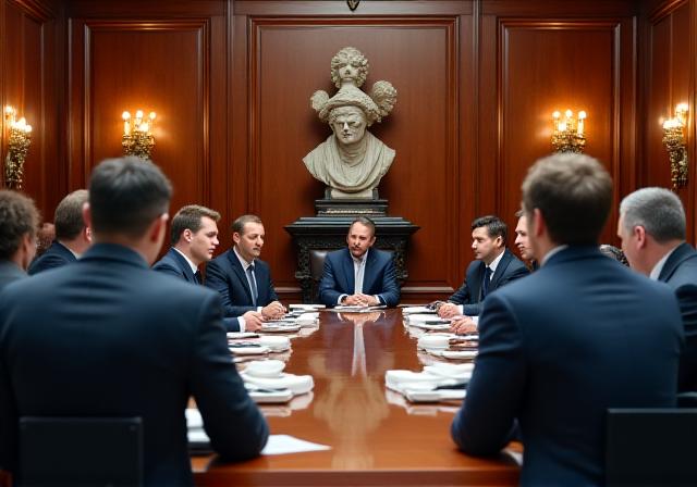 Executive meeting in a classical wood-paneled office