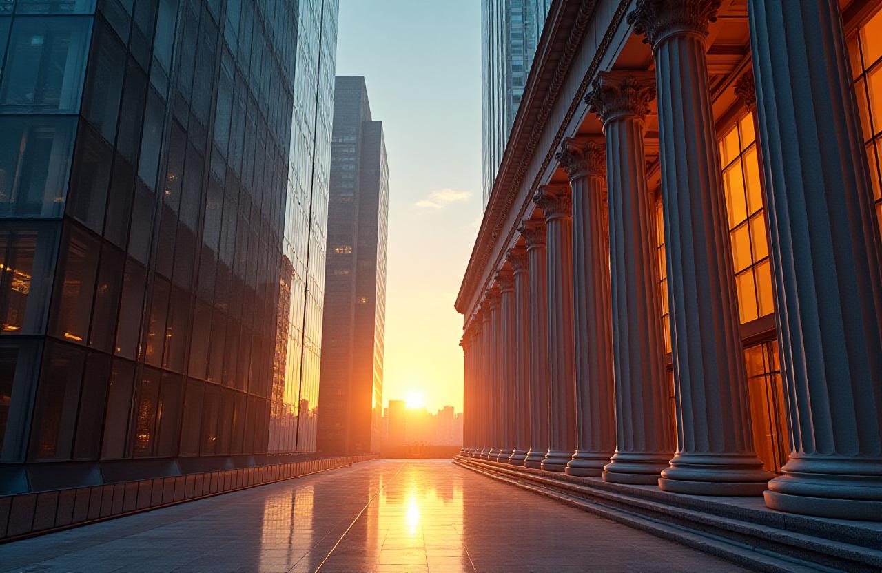 Synthesis of ancient columns and a modern financial district