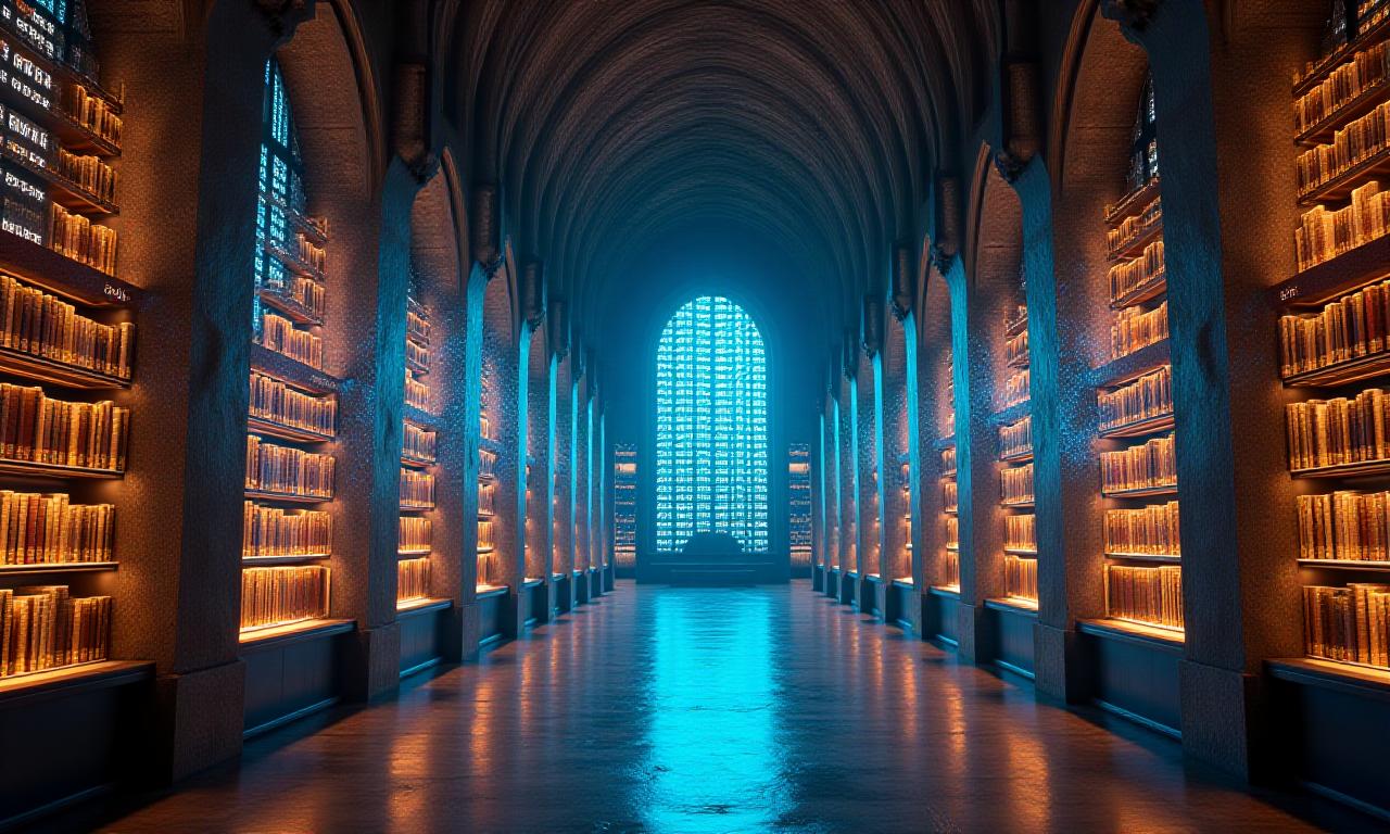 Ancient library meeting a high-tech digital interface